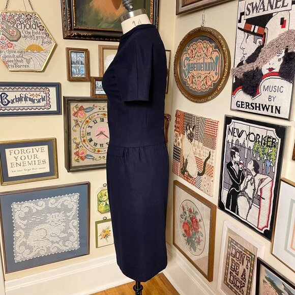 60s Vintage Blue Wool Short Sleeve Mod Style Dress With Drop Waist Size L - Picture 4 of 5